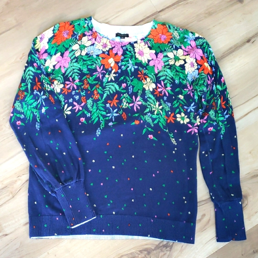 Talbots Blue Multicolor Floral Knit Lightweight Crewneck Sweater Sz S